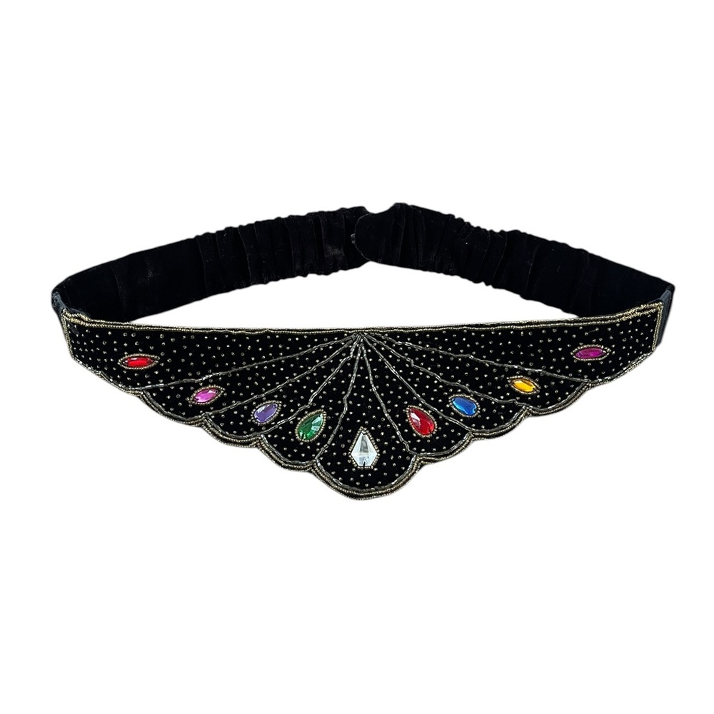 Vintage Beaded Black Elastic Jewel Tone Rhinestone Art Deco Boho Belt SZ 33"-38"